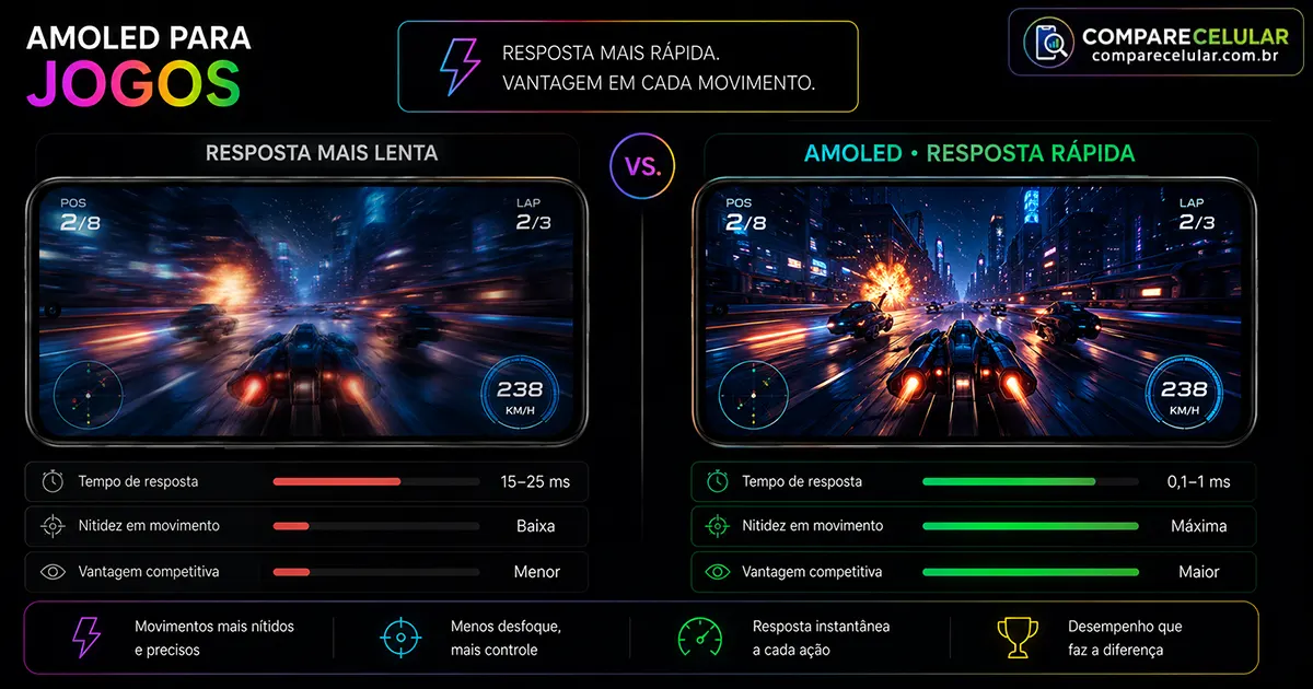 Comparação visual entre telas com tempo de resposta lento e rápido