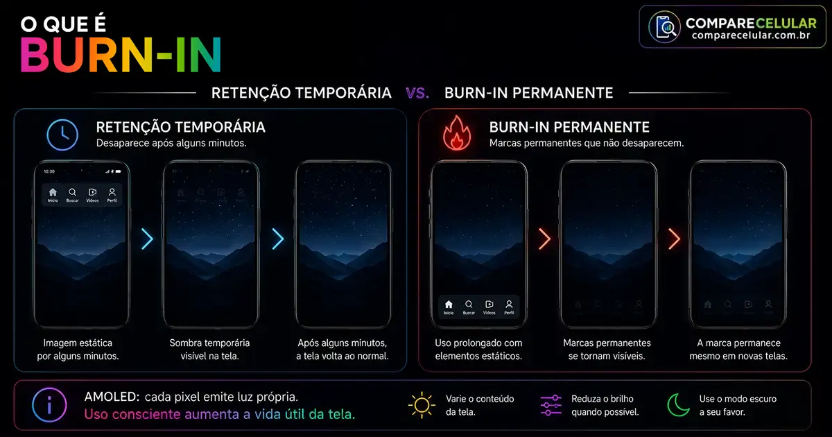 Ilustração da diferença entre burn-in e retenção de imagem