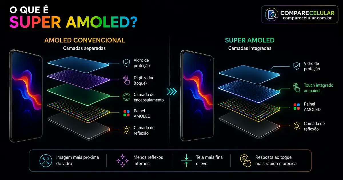 Comparação entre a estrutura de uma tela AMOLED convencional e uma Super AMOLED